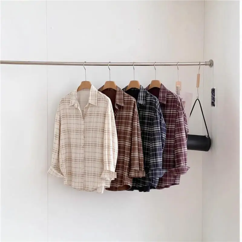 Camisa de rejilla retro azul para primavera y otoño para mujer, nuevo modelo de otoño, abrigo de manga larga de estilo francés, básico etéreo sofisticado informal