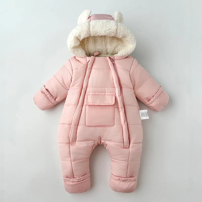 Baby Clothes Winter Children Solid Color Plush Thickened Hooded Jumpsuits Infant Warm Casual Double Zipper Romper Clothes