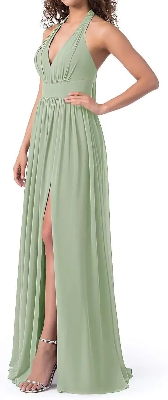 Vestidos de dama de honor de gasa con cuello Halter para mujer, vestidos formales largos plisados con hendidura, vestido de fiesta de noche, vestido Formal elegante para mujer