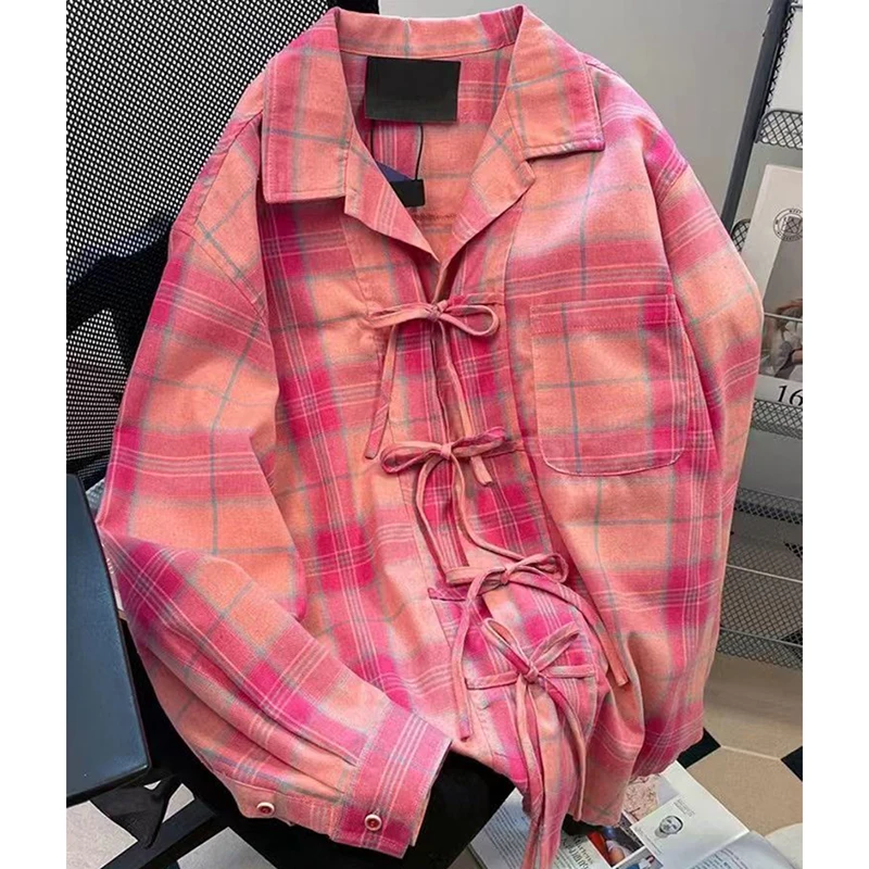 Blusa a cuadros rosa Vintage americana para mujer, camisa holgada informal de manga larga con lazo Harajuku, Top clásico con una botonadura