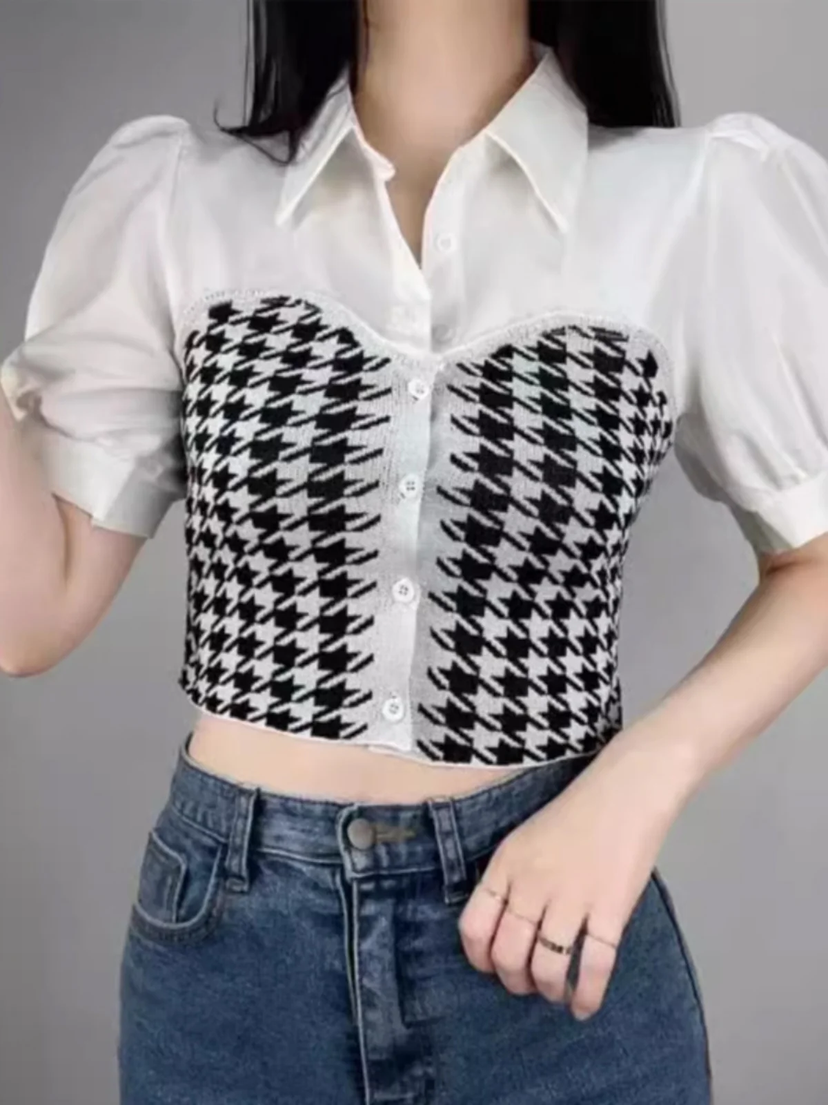 

Ретро-топ с воротником и рукавами-фонариками для женщин: шикарный летний новый дизайн, уникальный изысканный корейский стиль, на пуговицах