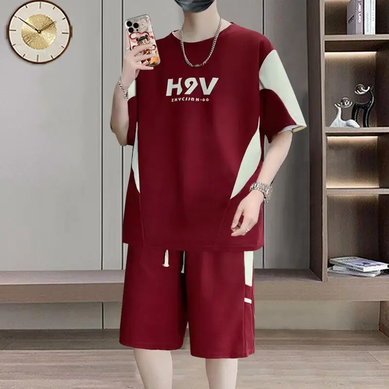 

2026 Summer Korean Streetwear Color Blocked Crewneck T-Shirt Set Loose Unisex Casual Tops for Men Breathable Cotton Blend