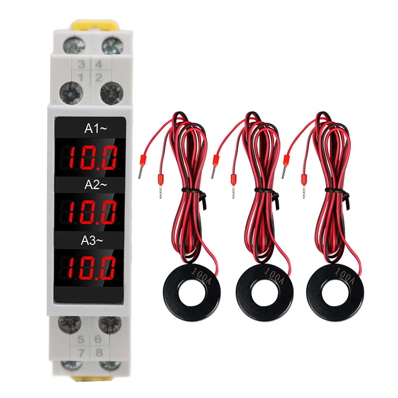 3 Phase DIN Rail Ammeter LED Digital Display High Accuracy Amp Meter with 3 Sensors AC80-500V 1-100A Din Rail Mount