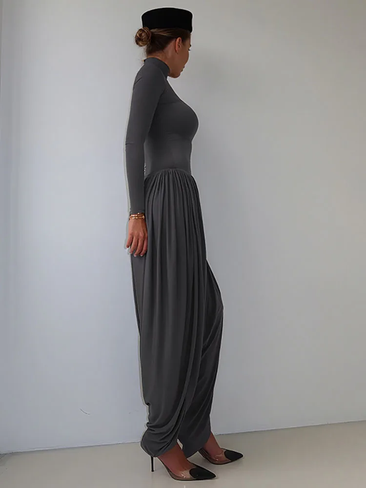 JULISSA MO Rollkragen Langarm Geraffte Frauen Overall Kaffee Patchwork Breite Bein Hohe Taille Herbst Lose Elegante Party Clubwear