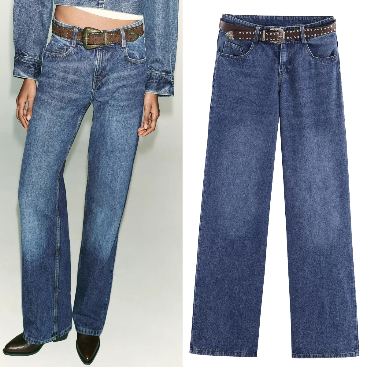 

Women's Versatile Straight Leg Jeans H2497 Faion Waed Denim Casual Trousers All Match Spring Season l Waist Zipper