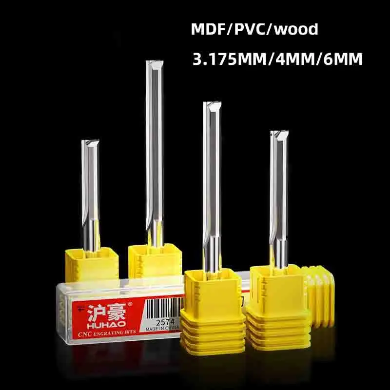 HUHAO 3.175mm 4mm 6mm Shank Straight Slot 2 Flute Milling Cutter Carbide Steel End Mill CNC Wood Router Bit Engraving Bit Tools