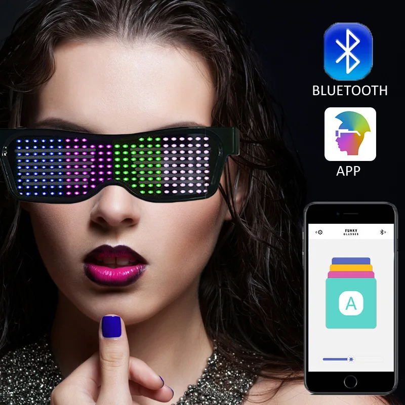 Occhiali Bluetooth luminosi colorati compleanno di natale Y2K fantastici accessori futuristici lampeggiante testo fai da te occhiali Bluetooth giocattoli