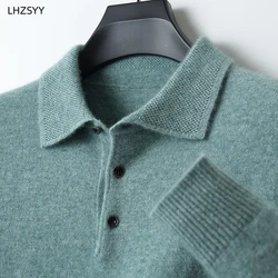 Lhzsyy-Pulôver de lapela masculino 100% lã merino, suéteres de manga comprida com gola polo, tops soltos, roupas de malha, camisa de tamanho grande, cardigans quentes