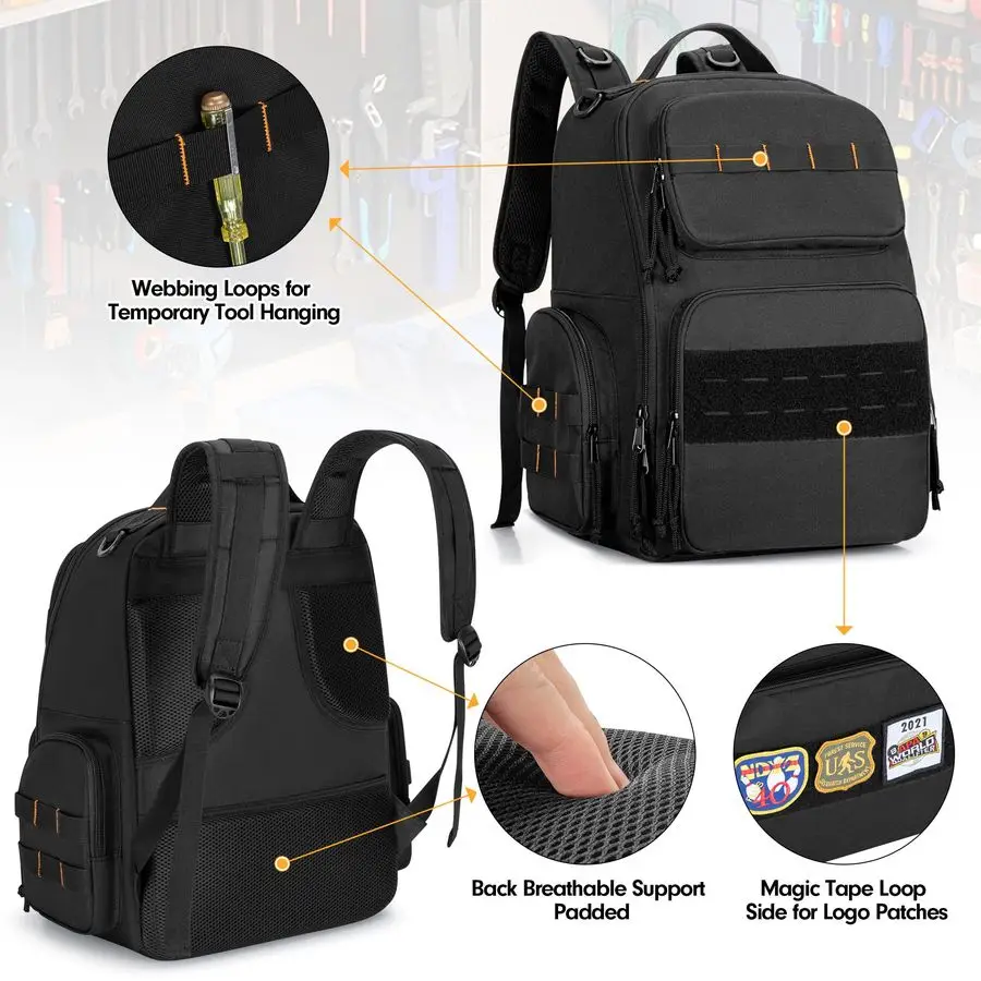 Bag Backpack with 3 Tool Zipper Pouch, Tool Organizer Bag for Men with Padded Support, Tactical Tool Storage Work Bag for Repair