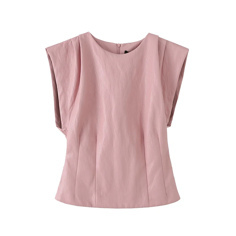 

YENKYE New 2026 Women Round Neck Sleeveless Faux Leather Blouse Spring Summer Fitted Waist Tops