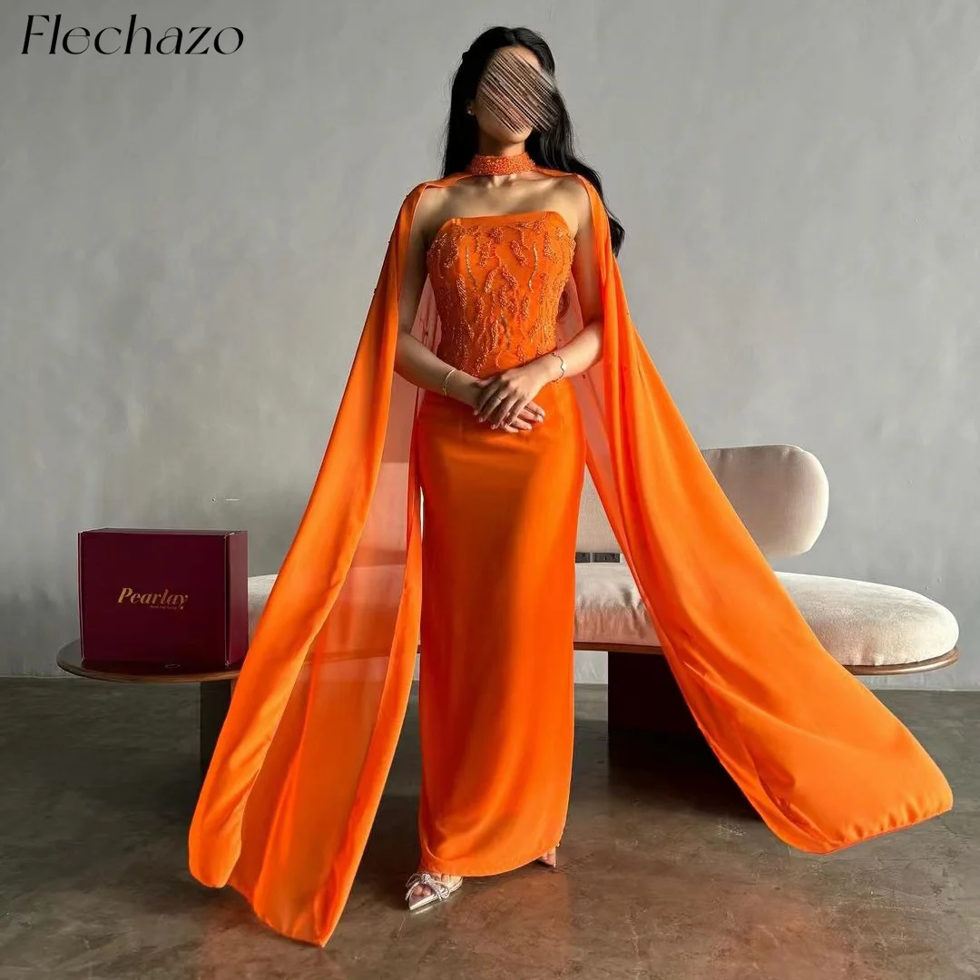 

Flechazo Orange Prom Dresses 2-Piece Floor-length Long Cape Beading Formal Party Elegant Dress For Women 2024 Saudi Arabia