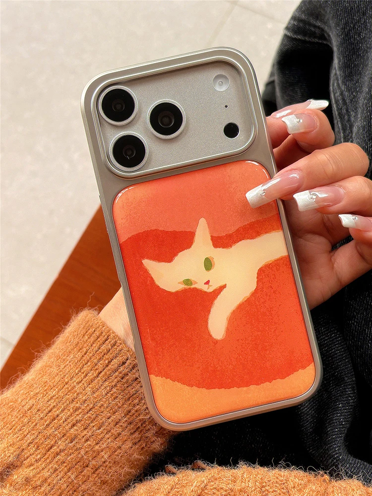 Modische Ölgemälde-Handyhülle mit Niedlicher Katze und Silberner Einfassung für iPhone 17 16 15 14 13 Pro Max, Tropfenkleber-Orange Rückseite