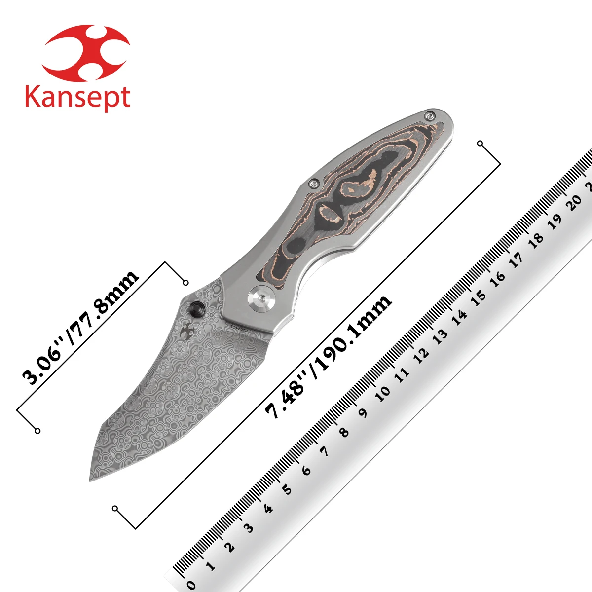 

Kansept Baba Yaga K1074C2 Damascus + Bead Blasted Titanium + Copper Carbon Fiber Inlay Sparrow Knife Designed Folding Knife EDC