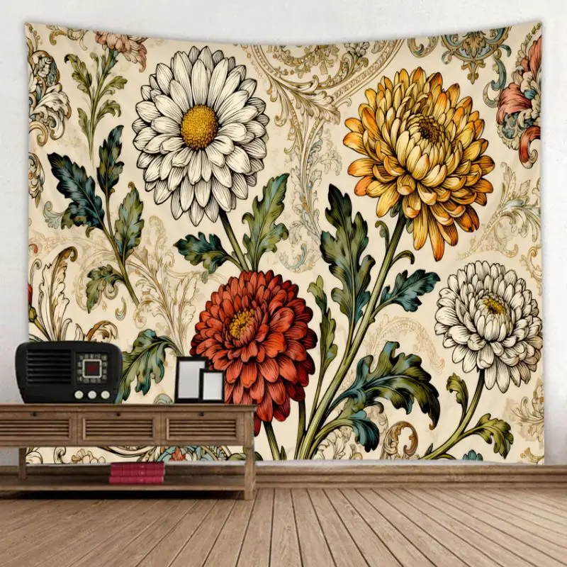 VIKAMA Retro Daisy Chrysanthemum Tapestry, Baroque Flower Wall Hanging, Vintage Wall Decor Bedroom Living Room Countryside Decor
