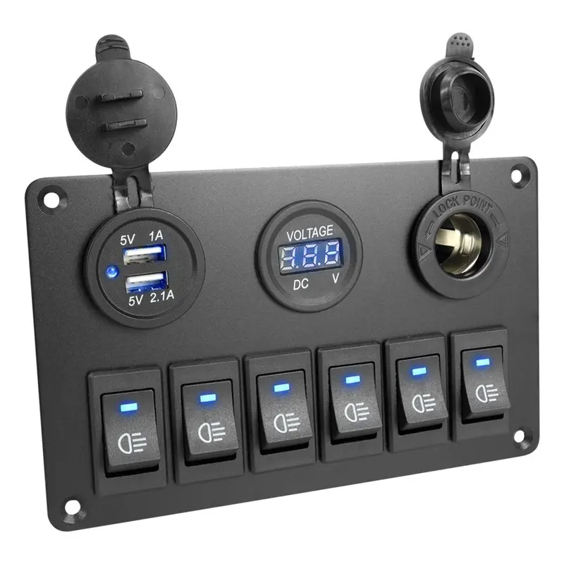 ABXN-LED Digital Voltmeter Rocker Switch Panel 6 Gang Waterproof DC 12V