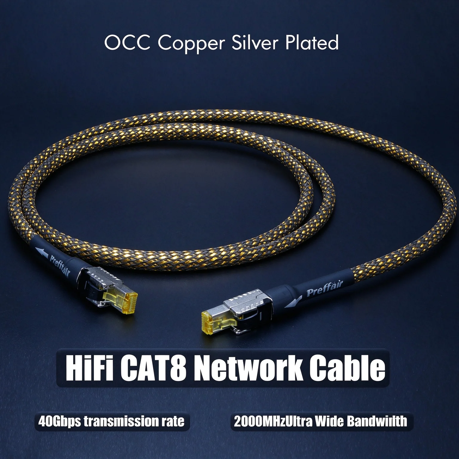 Cat8 Ethernet Cable Rj45 Interface  40Gbps 2000Mhz Speed OCC Sterling Silver Flagship Gold Cat8 Network Cable Digital Cable