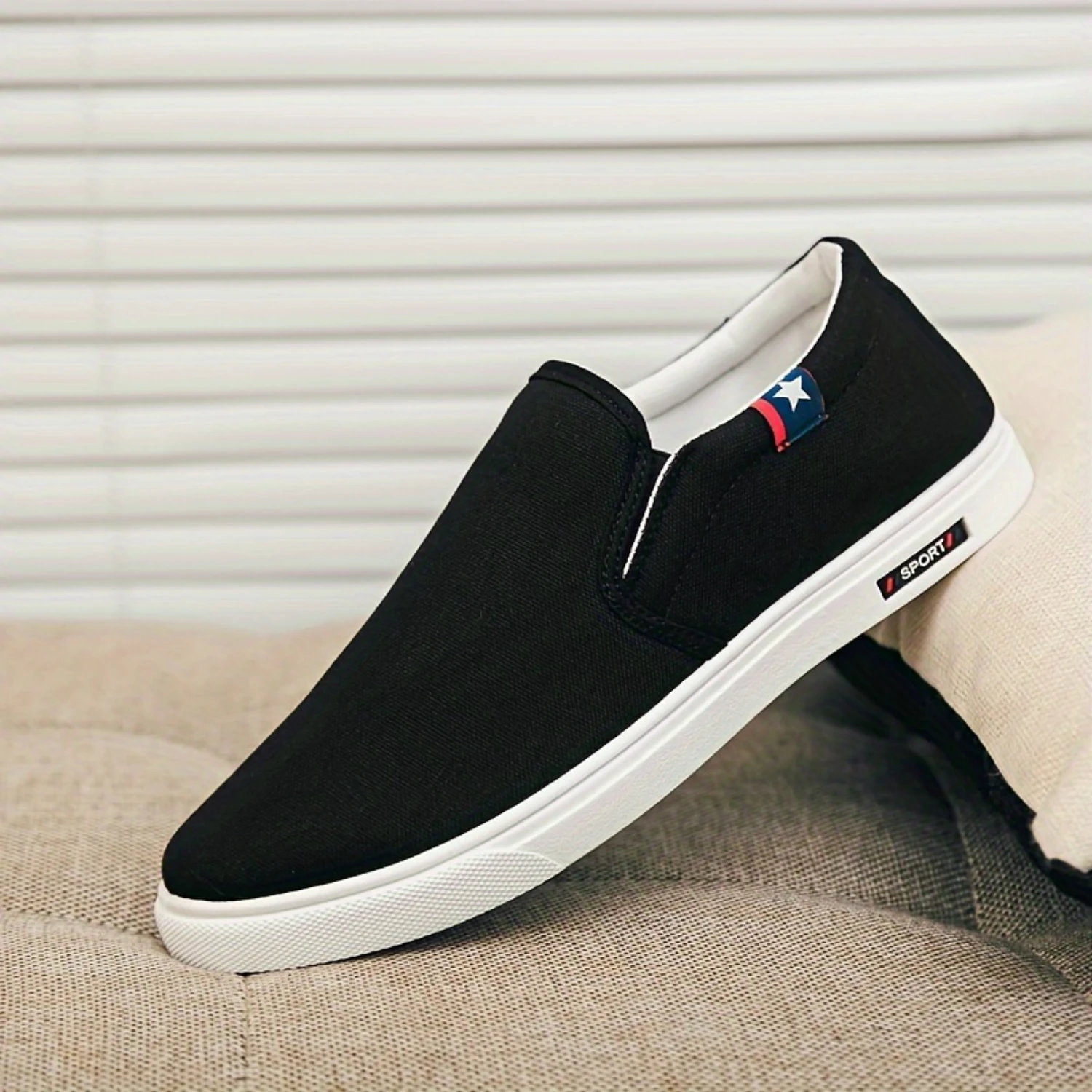 Men's Solid Woven Breathable Slip On Walking Shoes, Comfy Non Slip Rubber Sole Sneakers For Men's Outdoor Activities