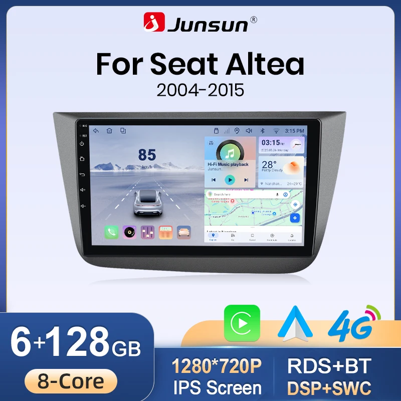 Autoradio sans fil Junsun CarPlay Android Auto pour Seat Altea 2004 2005-2015 Toledo 3 2 DIN Stéréo multimédia avec ventilateur de refroidissement intégré Navigation GPS SWC Bluetooth FM RDS DSP Écran IPS Systèmes intelligents pour voiture 4G WiFi
