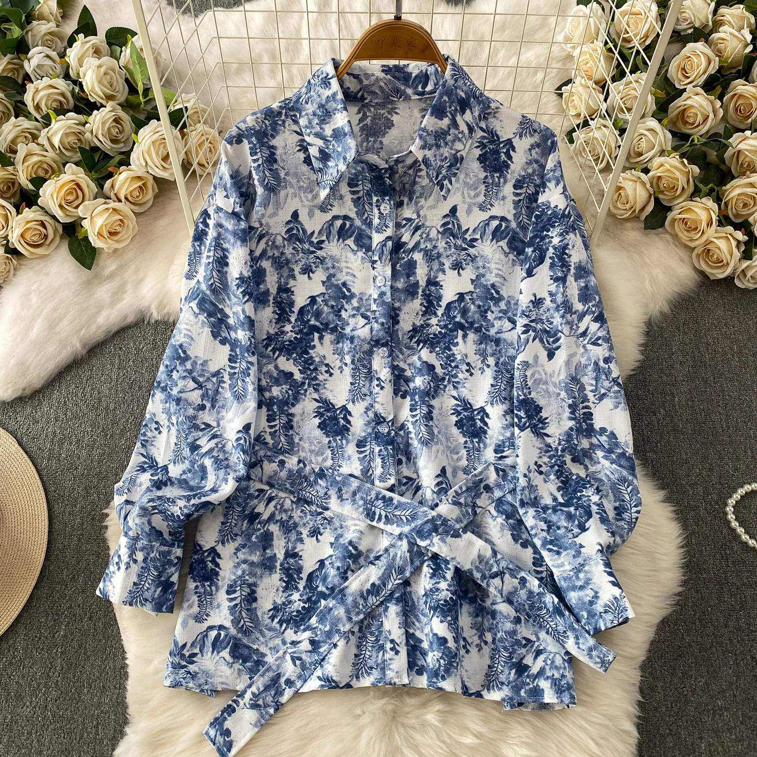 Wash Painting Print Women's Two-piece Set Vintage Long Sleeve Sun-protective Clothing with Sashes & High Waist Wide Leg Pants
