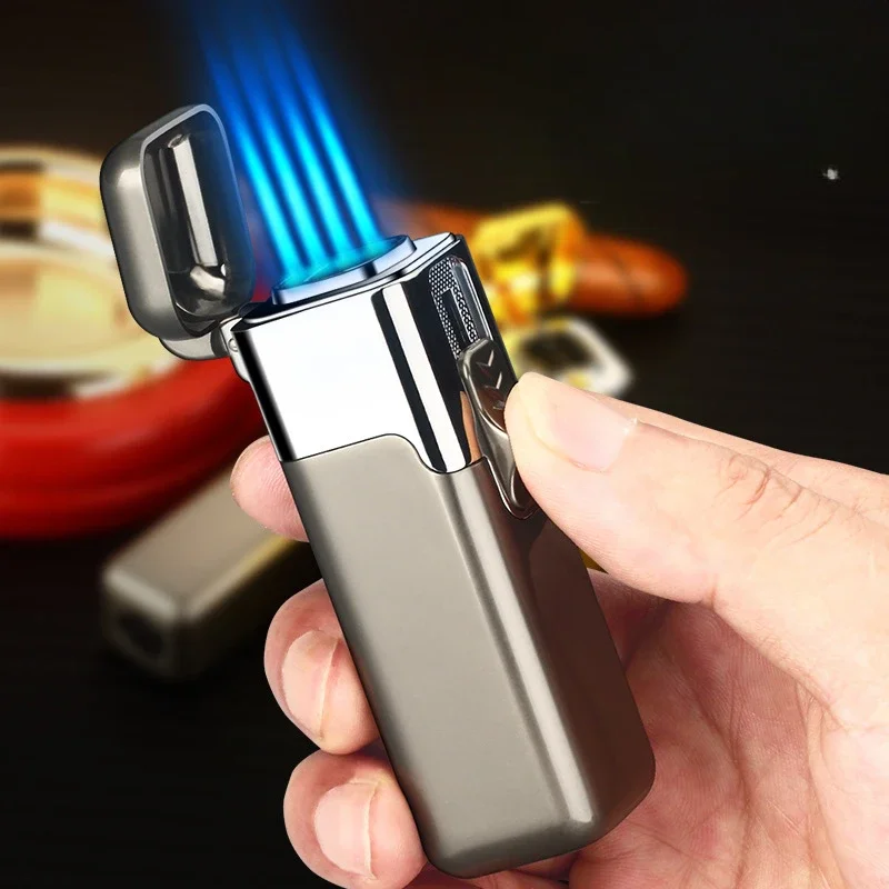 Nuevo Metal último creativo recargable chimenea Gas 4 Jet llama cigarro antorcha butano fuego encendedor al aire libre a prueba de viento encendedores de cigarros