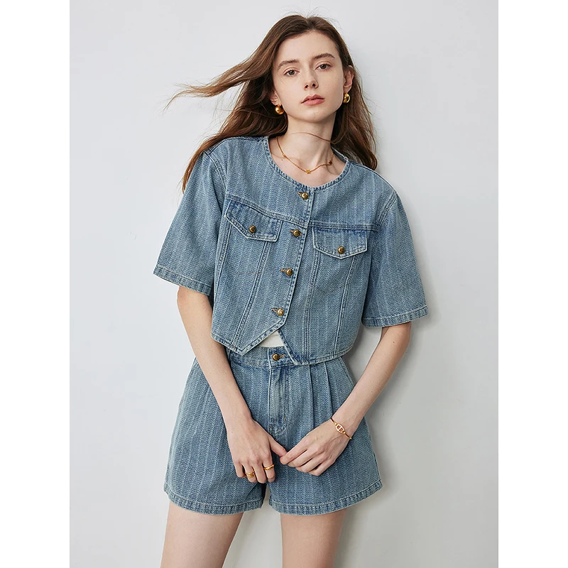 TOYOUTH Women Denim Suit 2024 Summer New Loose Top And Shorts Two-Piece Set