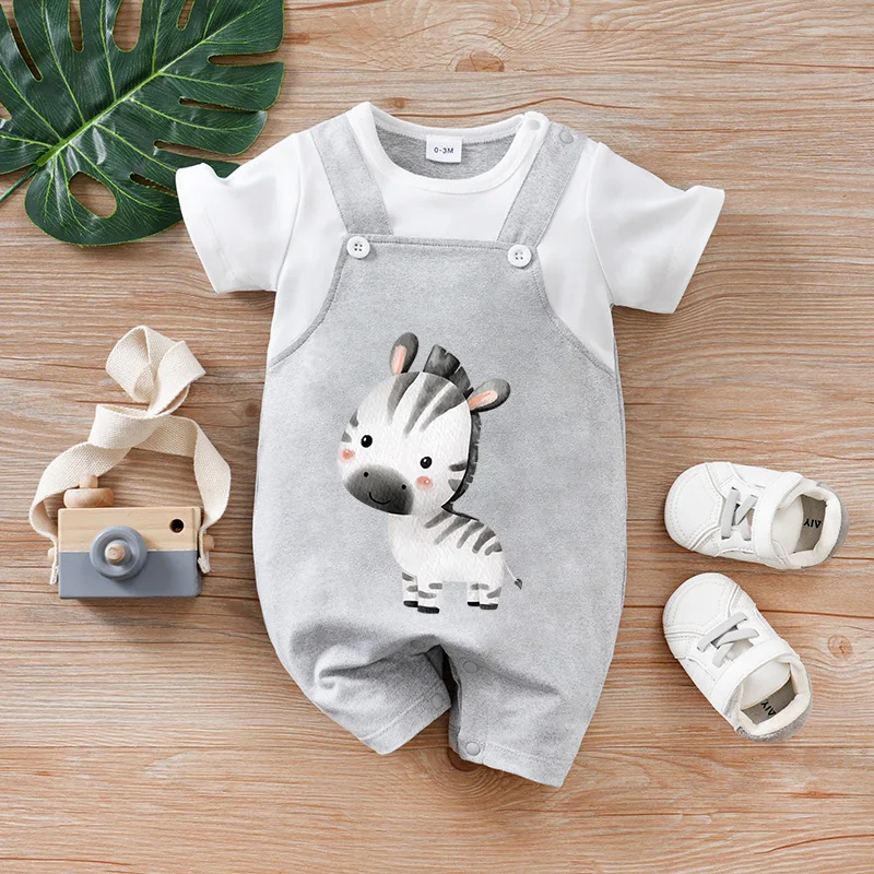 Newborn boy summer vacation 2 pieces zebra cartoon cute short-sleeved round-neck jumpsuit