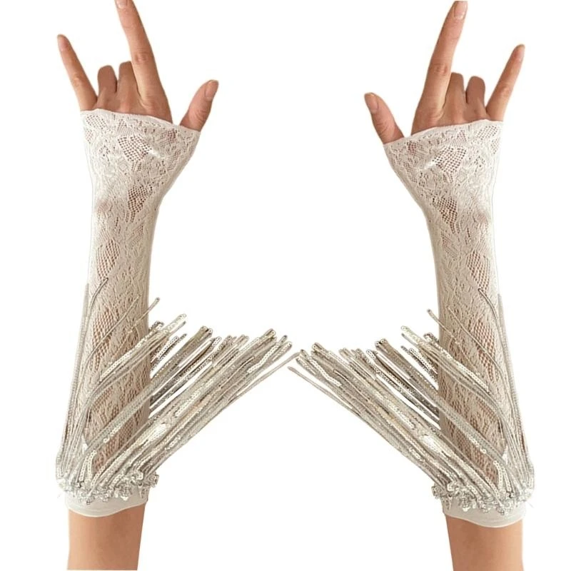 Adult Lace Floral Glove Long Mitten Stage Performances Sequins Fringes Glove