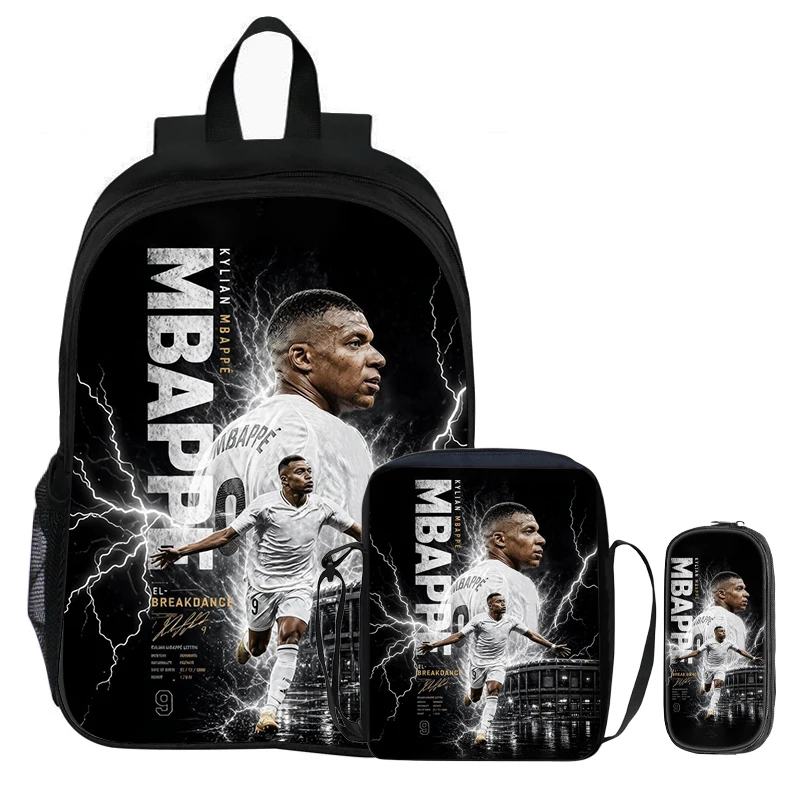 M-Mbappe Kids 3Pcs Set Backpack Student School Shoulder Bag Pencil Bags Bookbag Football Star Rucksack Best Gift
