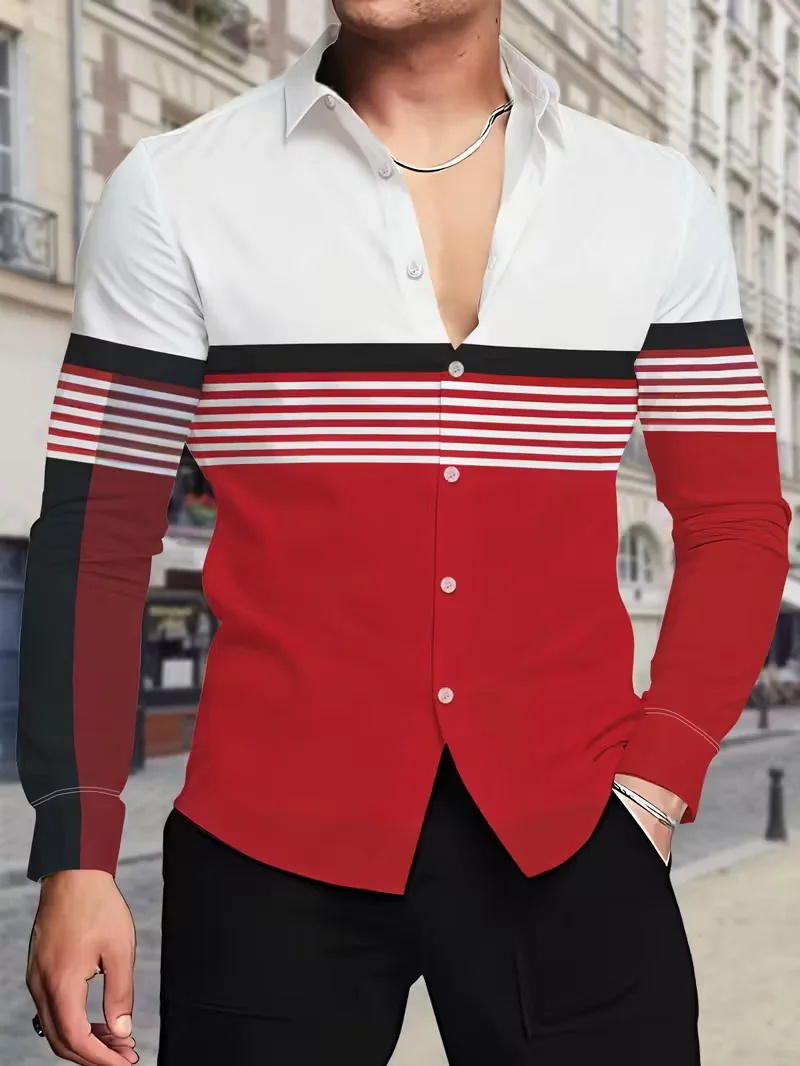 Designer's New men's 3D Lion Print Pattern Graffiti Line Striped Shirt  Fashionable men's Street Outdoor Casual Collar