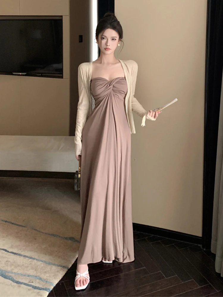 

Sexy plus Size Women's Bal Strap Dr Two-Piece Set High Waist Long Skirt Casual Commute Sle Pure Color A-Line Dr