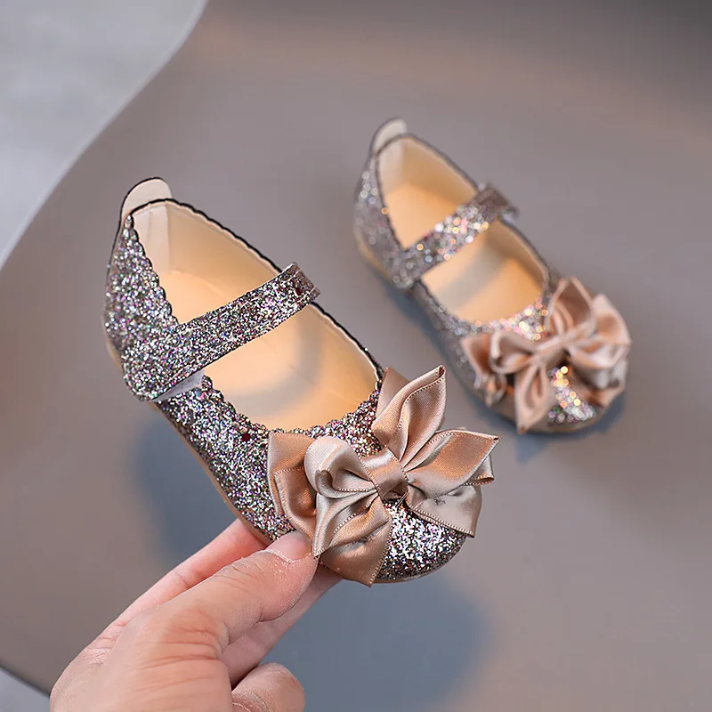 Spring Autumn Children Dress Leather Shoes Sequins Girls Bow Ballet Shoes Wedding Party Non-slip Kid Princess Perform Flat Shoes