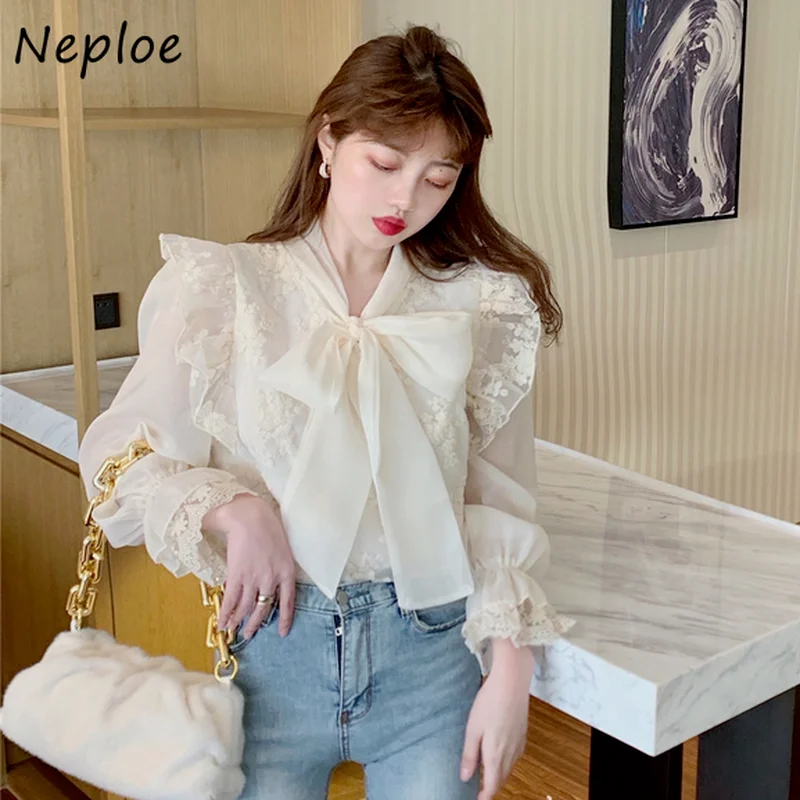 Neploe Elegant Lace Hook Flower Solid Blouse Women Bow Design Work Style Ol Solid Blusas Spring 2024 New All Match Shirt Femme