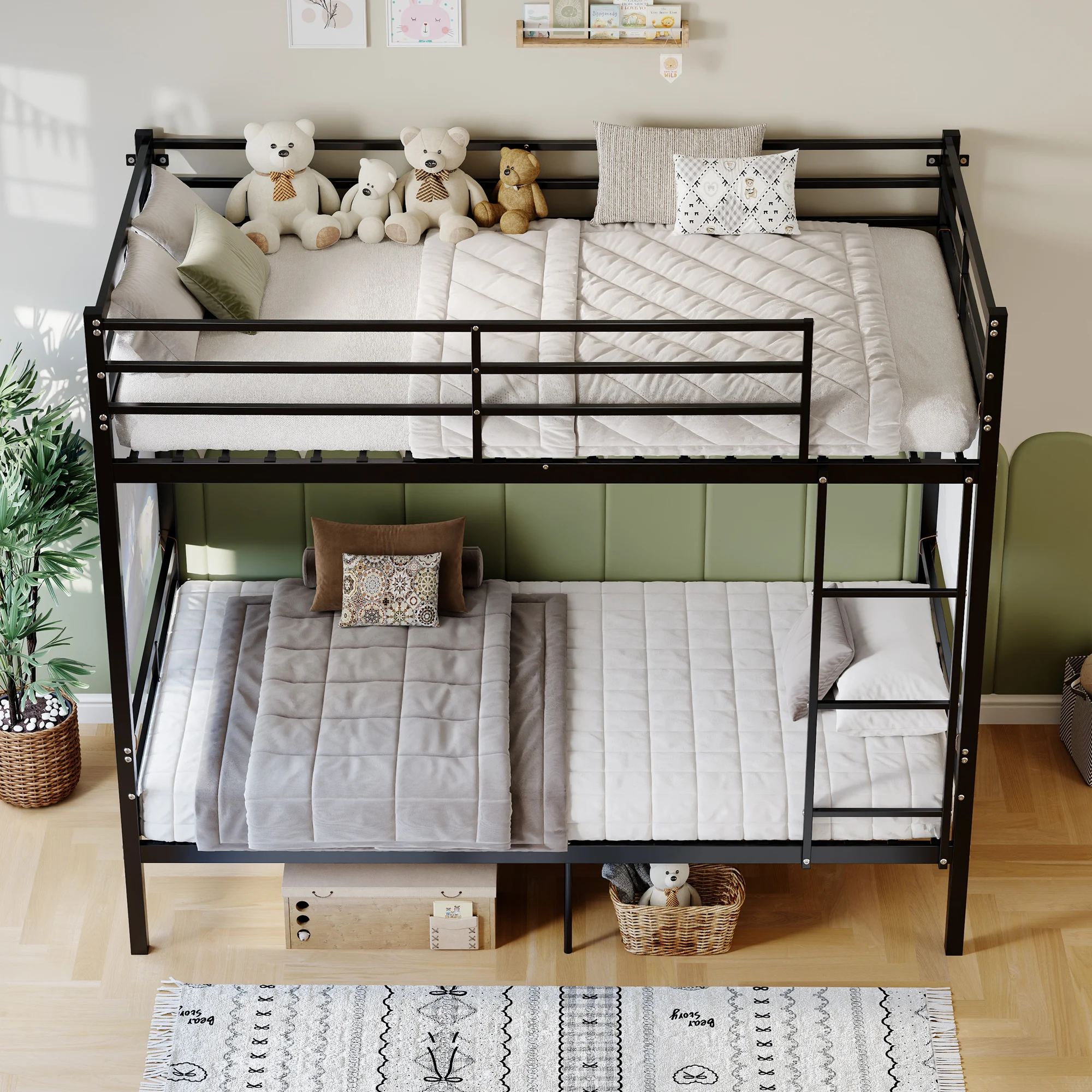 Twin Over Twin Metal Bunk Bed With Ladder, Heavy Duty Steel Frame, High Guardrails, Storage Space, Split To 2 Beds, Black