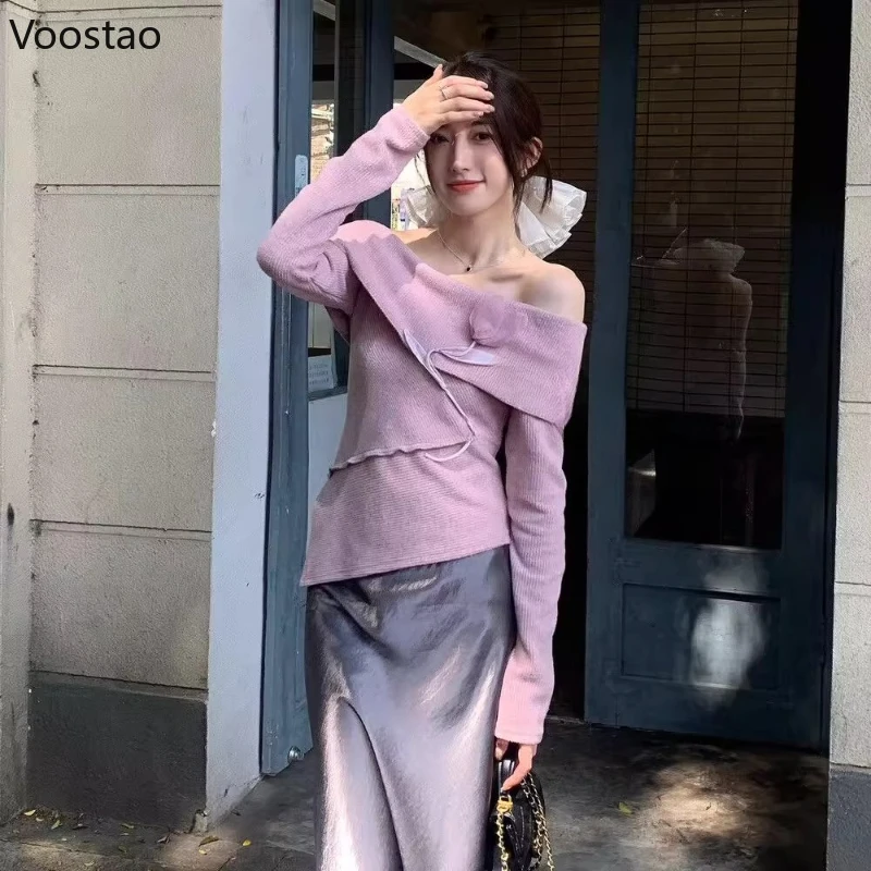 Herfst Zoete Gebreide Trui Vrouwen Sexy Chic Off Schouder Tulp Bloemen Truien Vrouwelijke Koreaanse Casual Lange Mouw Truien Tops