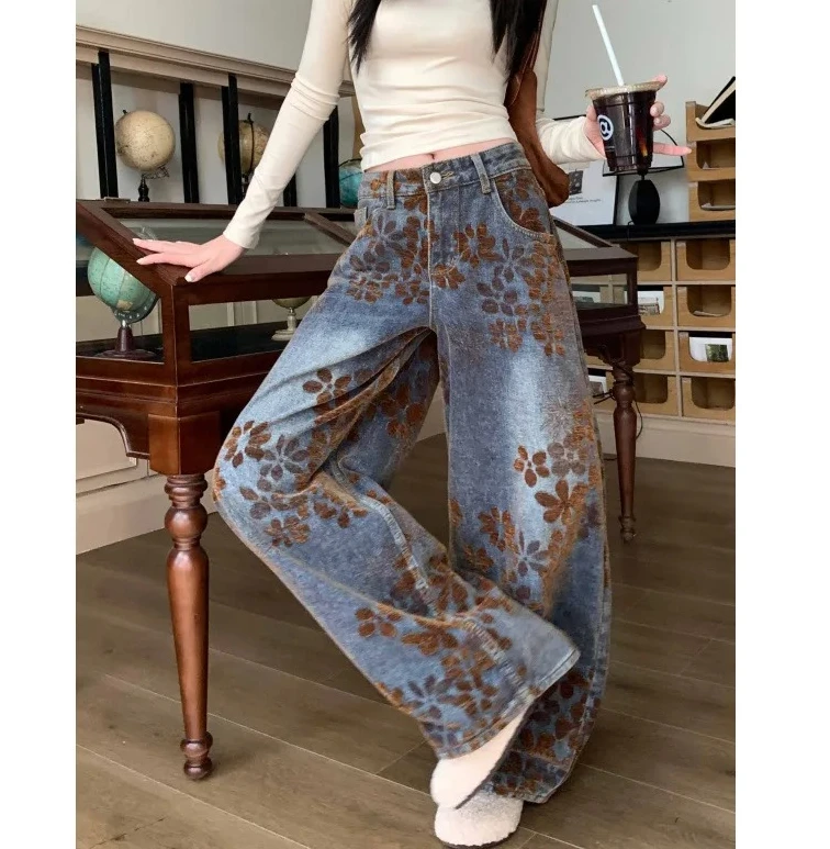 

Женские свободные утягивающие брюки с высокой талией, утепленные винтажные широкие джинсы с флокированием и цветочным принтом