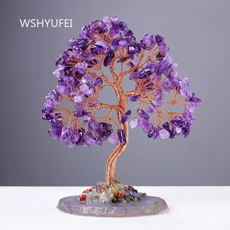 Natural Crystal Money Tree Ornament Agate Base Hand‑wrapped Gemstone Bonsai Tree Feng Shui Home Desktop Decoration Lucky Gift