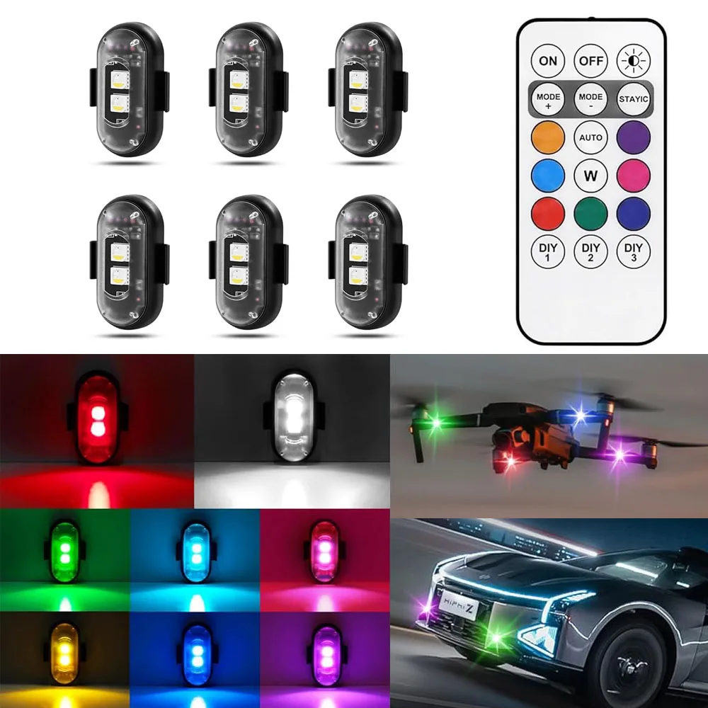 

Wireless LED Strobe LightsRemote Control 8 Color Waterproof Anti-Collision USB Charing for Car Drone Truck Motorcycle Aircraft