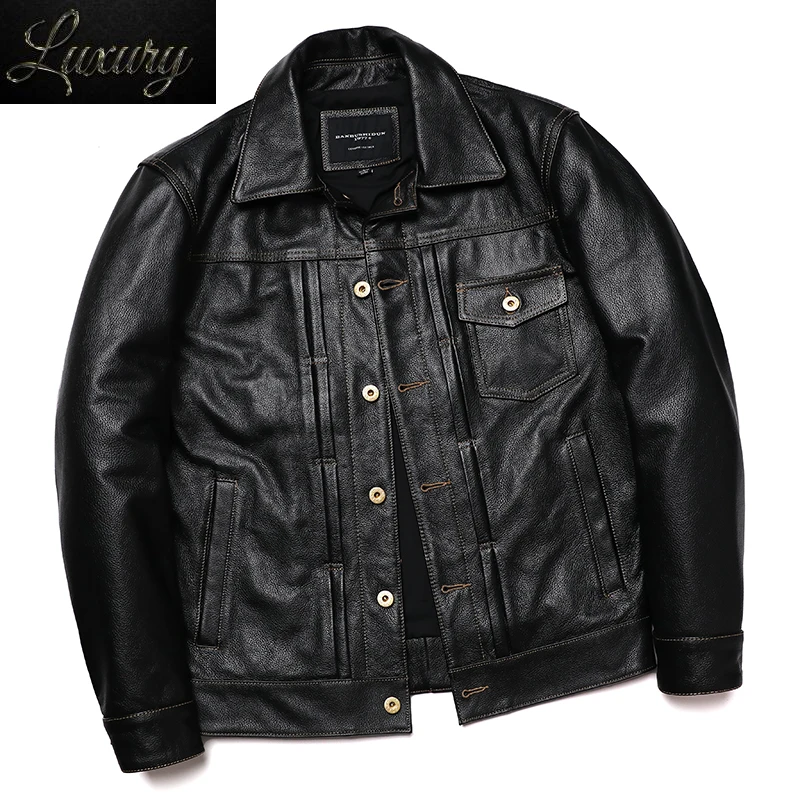 

Classical 506 Denim Genuine Leather Jacket Man Casual Natural Cowhide Clothes Slim Fashion Coat High Quality Clothing
