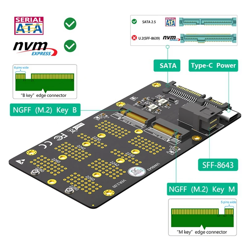 2 In 1 Combo M.2(NGFF) Nvme SSD/SATA-Bus SSD To SFF-8643 & SATA Adapter
