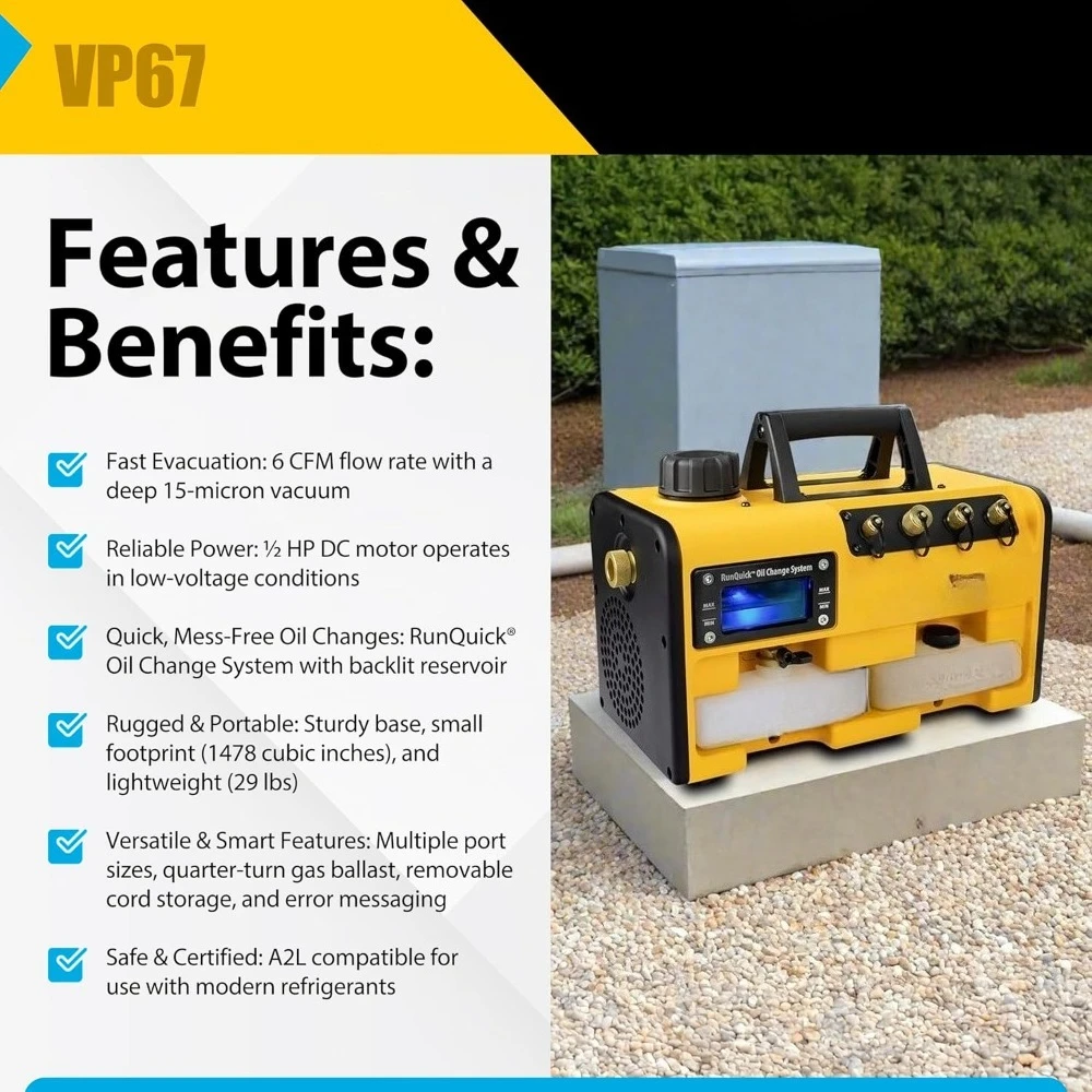 

Профессиональный вакуумный насос VP67 для систем ОВКВ – 6 CFM, двигатель постоянного тока 1/2 л.с., система быстрой замены масла RunQuick – портативный – совместим с A2L