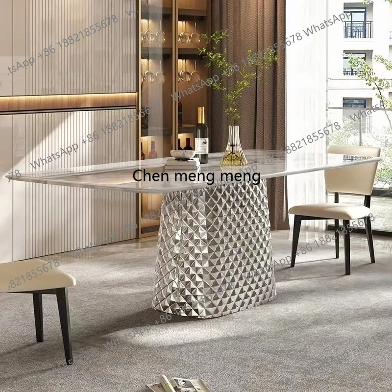 

Natural marble dining table and chair combination light luxury villa high-end luxury stone colored spar rectangular dining table