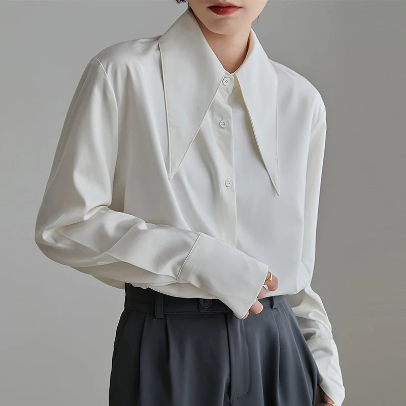 Vintage Long Sleeve White Shirt Women Autumn Winter New Fashion Office Satin Blouse Women Clothes Loose Chic Collar Tops 18015