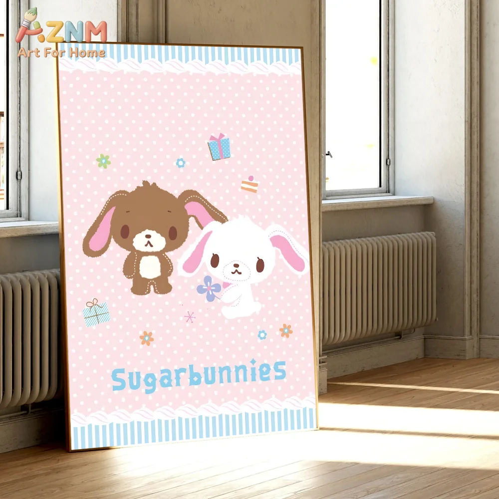 AZNM Sugarbunnies Bonbonribbon Pink Cute Rabbit Cartoon Canvas Wall Art Unframed Girls Room Decor Poster