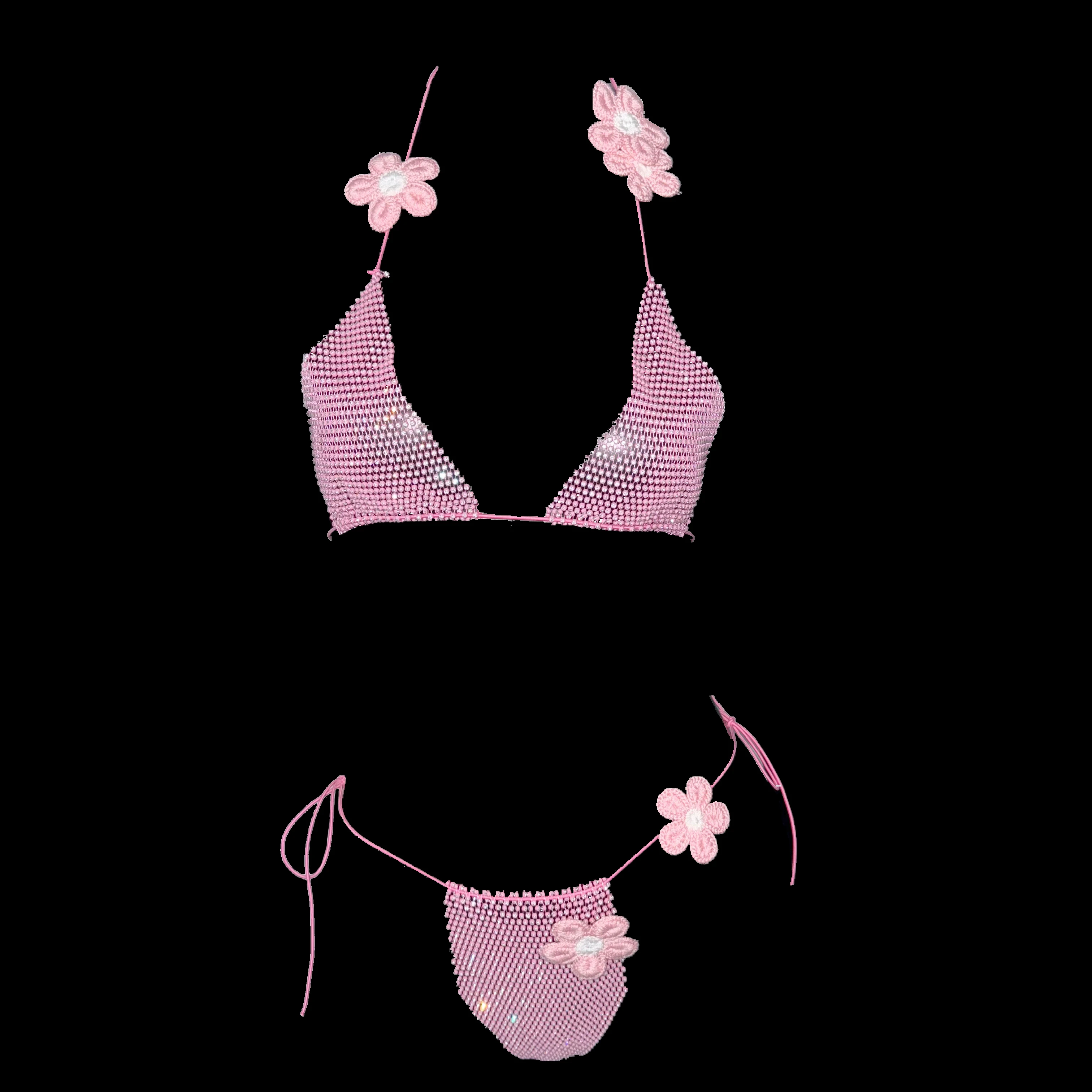 Feminino strass malha maiô de duas peças conjunto de biquíni sexy flores halter tiras biquíni feminino banho banhista