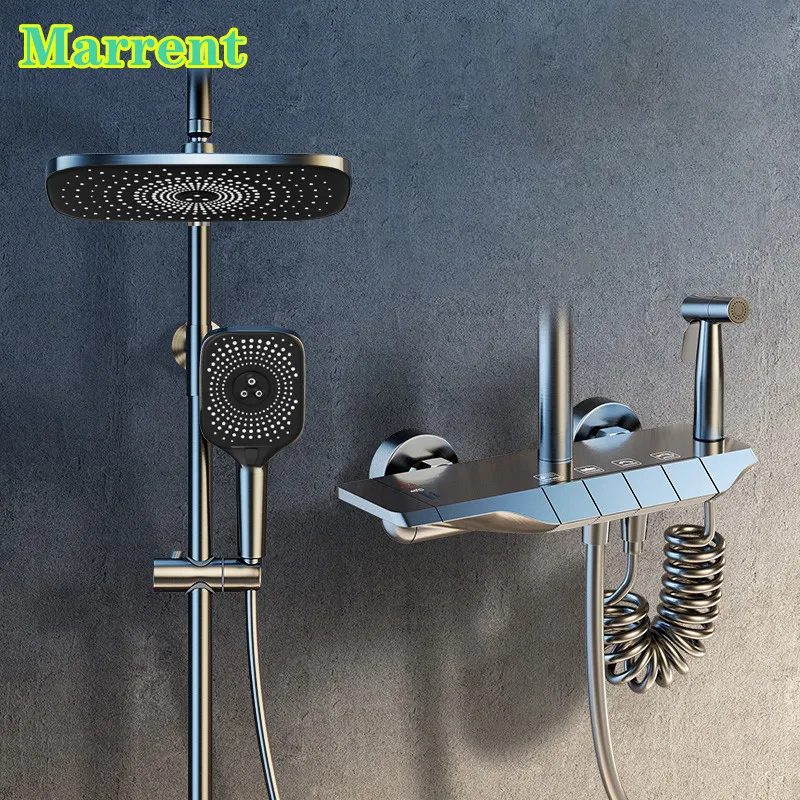 

Piano Bathroom Shower Set LED Temperature Display Hot Cold Digital Shower System Wall Mounted Rainfall Thermostatic Shower Set