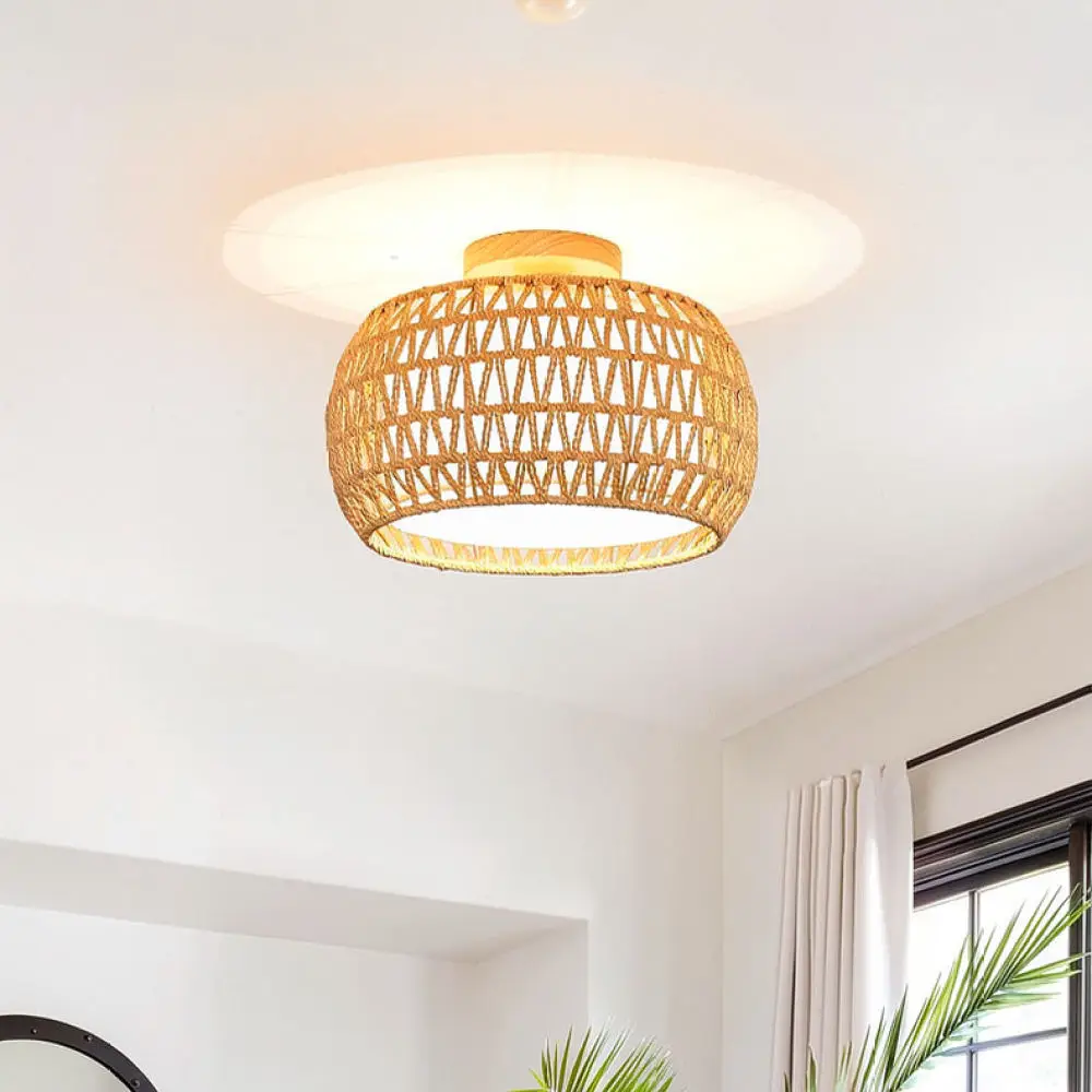 Elegant Woven Rattan Ceiling Lamp Farmhouse Flush Mount Fixture Bedroom Living Room Rustic Interior Home Lighting