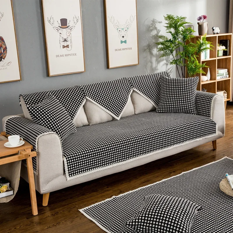 Super Thicken Little Plaid Cotton Linen Sofa Cover Non Slip Sofa Towel Home Decoration  Customize Four Seasons Available