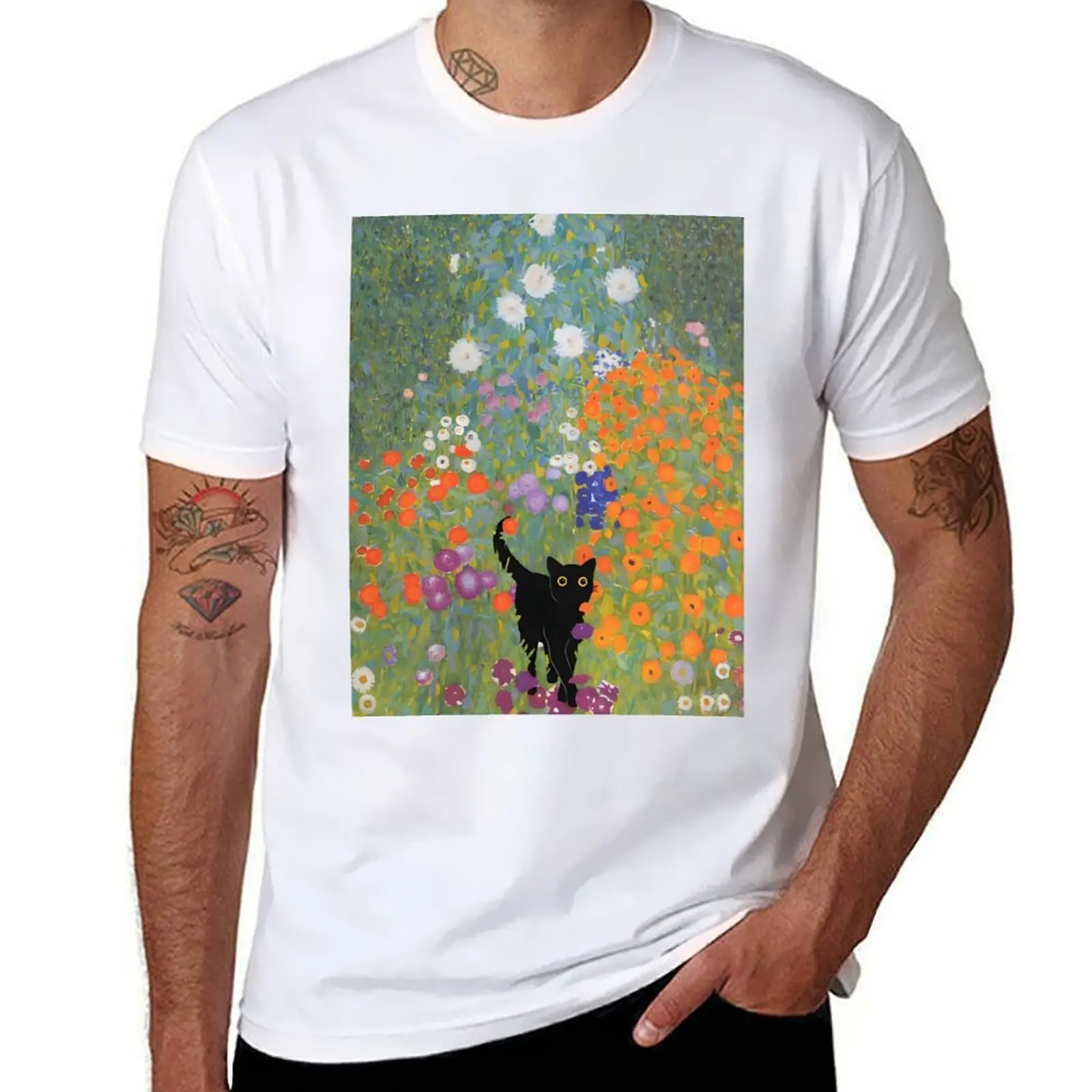 

Cat Poster Famous Klimt Art Painting Bauerngarten Floral T-Shirt cotton tshirt 100% T-Shirt