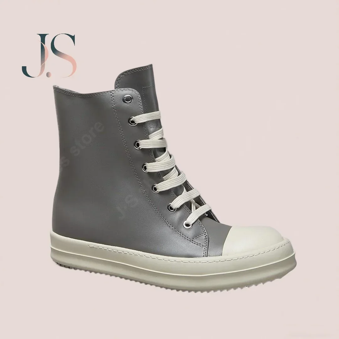

R-o Men Sneaker Grey Leather High Top Shoe Lace Up Women Casual Shoes Classic Design Boots Zipper Gray Cowhide Ankle Boot