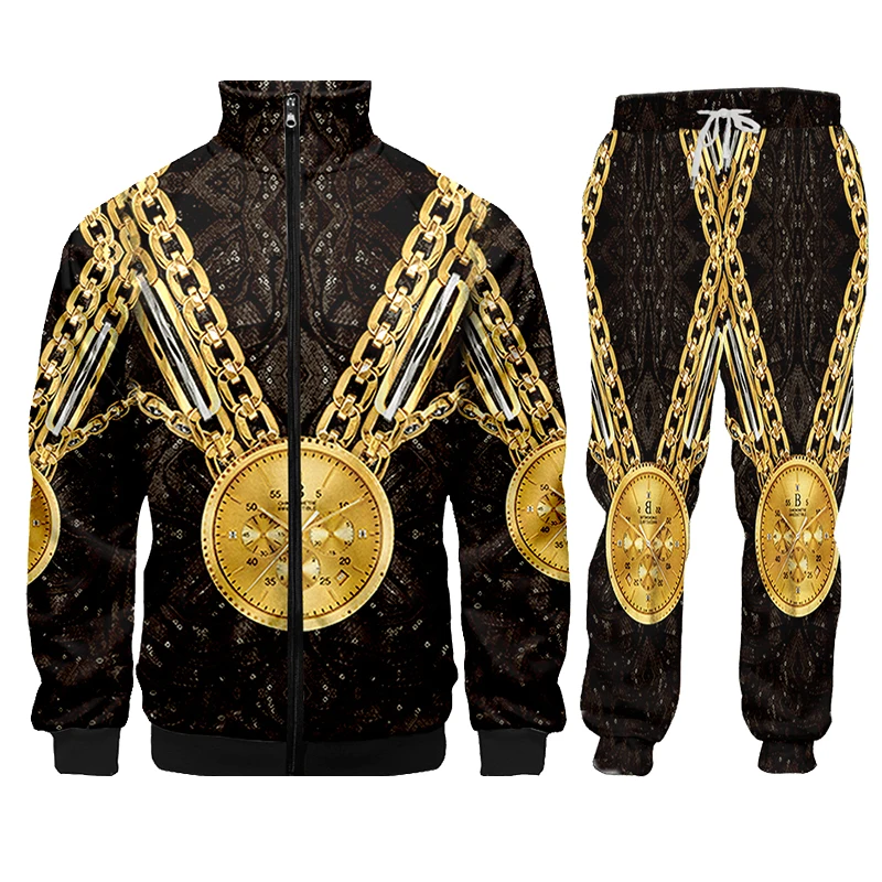 Gold Medal Chain Punk Tracksuits Sets Winter Autumn 2 Piece Suit Hoodie 3D Printed Zip Hip Hop Men Jacket Sweater Pants  Jogger